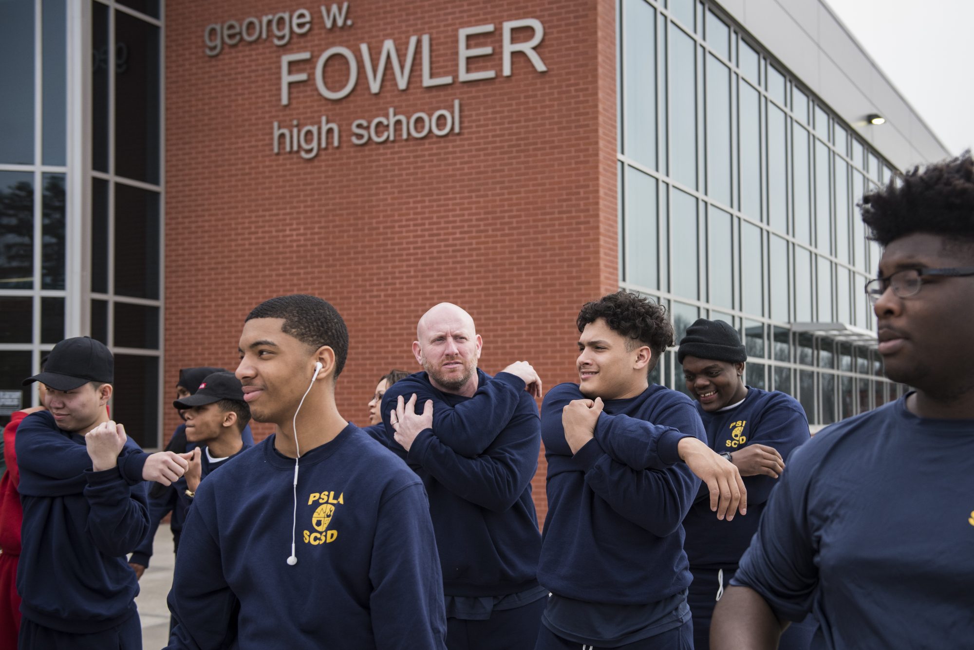 PSLA Fowler law enforcement students begin to warmup for PT outside.